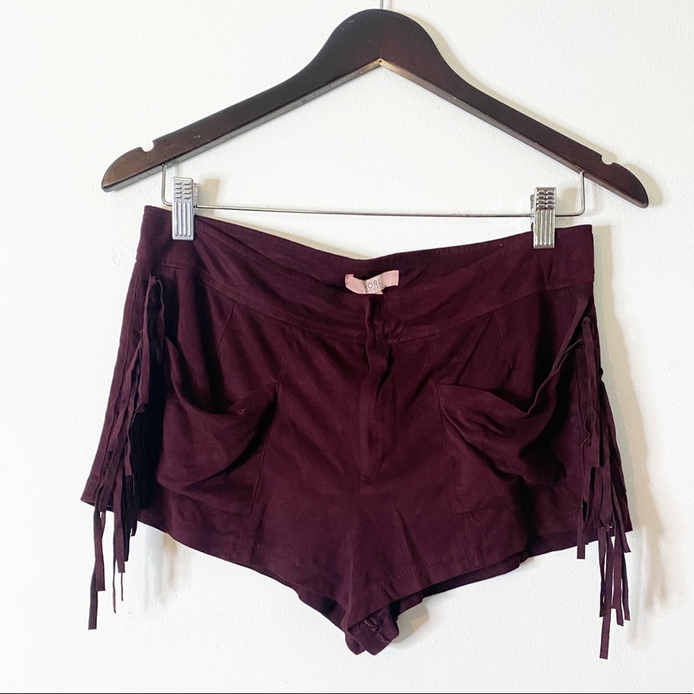 Boutique Kori America Faux Suede Burgundy Fringe Shorts Festival Size Small - Picture 2 of 4